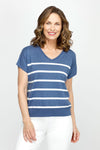 Ten Oh 8 Striped V Neck Sweater in Indigo with White stripes.  V neck dolman short sleeve knit with rib trim at neck and hem.  Horizontal stripes.  Relaxed fit._t_60979934921070