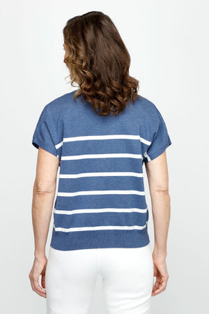 Ten Oh 8 Striped V Neck Sweater in Indigo with White stripes.  V neck dolman short sleeve knit with rib trim at neck and hem.  Horizontal stripes.  Relaxed fit._60979934953838