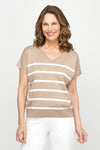 Ten Oh 8 Striped V Neck Sweater in Khaki with White stripes.  V neck dolman short sleeve knit with rib trim at neck and hem.  Horizontal stripes.  Relaxed fit._t_60979934986606