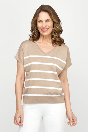 Ten Oh 8 Striped V Neck Sweater in Khaki with White stripes.  V neck dolman short sleeve knit with rib trim at neck and hem.  Horizontal stripes.  Relaxed fit._60979934986606