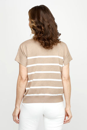 Ten Oh 8 Striped V Neck Sweater in Khaki with White stripes.  V neck dolman short sleeve knit with rib trim at neck and hem.  Horizontal stripes.  Relaxed fit._60979935019374