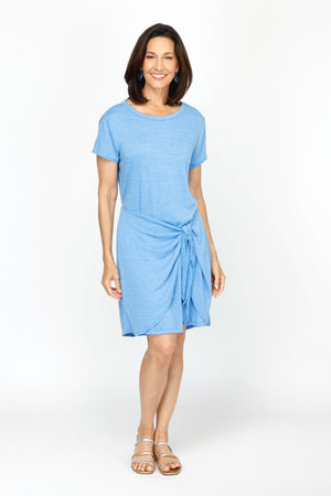 Top Ligne Tie Front Dress in Marine blue.  Crew neck short sleeve dress with front wrap tie panels.  Elastic back waist.  Textured  fabric.  Relaxed fit._60492157124974