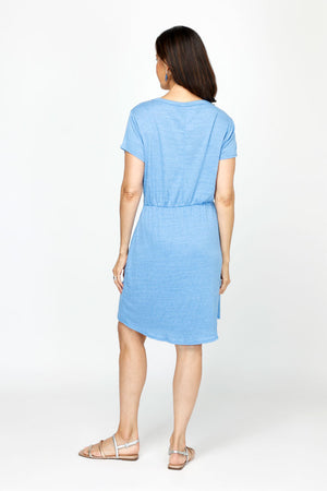 Top Ligne Tie Front Dress in Marine blue.  Crew neck short sleeve dress with front wrap tie panels.  Elastic back waist.  Textured  fabric.  Relaxed fit._60492157190510