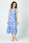 Top Ligne Kaleidoscope Airflow Sleeveless Dress in Blue. Abstract blue multi print on a white background.  Sleeveless v neck dress with faux surplice.  Empire cinchable waist with side ties.  2 tier ruffled skirt.  A line shape. Relaxed fit._t_59938884551022