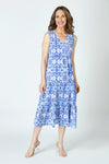 Top Ligne Kaleidoscope Airflow Sleeveless Dress in Blue. Abstract blue multi print on a white background.  Sleeveless v neck dress with faux surplice.  Empire cinchable waist with side ties.  2 tier ruffled skirt.  A line shape. Relaxed fit._t_59938884583790