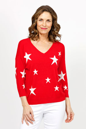 Ten Oh 8 Stars V Neck Sweater in Red with white stars.  V neck 3/4 sleeve sweater with drop shoulder.  Rib trim at neck, cuff and hem.  Relaxed fit._35072256475336