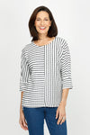 Top Ligne Pucker Mixed Stripe Elbow Sleeve Top in Black/White.  Textural fabric.  Bi directional stripes with center seaming front and back. Crew neck, dolman elbow sleeve with cuff.  High low hem with side slits.  Relaxed fit._t_60255241503086