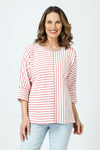Top Ligne Pucker Mixed Stripe Elbow Sleeve Top in Coral/White.  Textural fabric.  Bi directional stripes with center seaming front and back. Crew neck, dolman elbow sleeve with cuff.  High low hem with side slits.  Relaxed fit._t_60242942067054