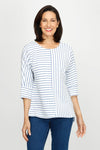 Top Ligne Pucker Mixed Stripe Elbow Sleeve Top in Denim/White.  Textural fabric.  Bi directional stripes with center seaming front and back. Crew neck, dolman elbow sleeve with cuff.  High low hem with side slits.  Relaxed fit._t_60255241470318