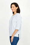 Top Ligne Pucker Mixed Stripe Elbow Sleeve Top in Denim/White.  Textural fabric.  Bi directional stripes with center seaming front and back. Crew neck, dolman elbow sleeve with cuff.  High low hem with side slits.  Relaxed fit._t_60255241109870