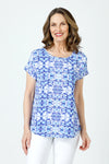 Top Ligne Kaleidoscope Airflow Round Neck Top in Blue.  Miniature geometric print in shades of blue.  Round neck dolman short sleeve top with sewn cuff.  Curved hem.  Relaxed fit._t_59981013287278