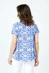 Top Ligne Kaleidoscope Airflow Round Neck Top in Blue.  Miniature geometric print in shades of blue.  Round neck dolman short sleeve top with sewn cuff.  Curved hem.  Relaxed fit._t_59981013320046