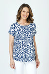 Top Ligne Ikat Airflow Round Neck Top.  Navy ikat print on a white background.  Round neck with dolman short sleeve sewn cuff top.  Curved hem.  Relaxed fit._t_59980971377006