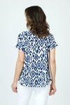 Top Ligne Ikat Airflow Round Neck Top.  Navy ikat print on a white background.  Round neck with dolman short sleeve sewn cuff top.  Curved hem.  Relaxed fit._t_59980971409774