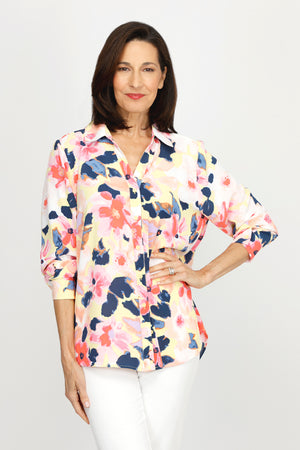 Top Ligne Flowers Airflow Button Down in Multi.  Abstract floral print in pinks and blues.  Pointed collar button down with notched v neck.  Long sleeves with button cuffs.  Relaxed fit._60220247343470