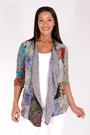 Lolo Luxe Draped Front Patchwork Jacket in Grays.  Open drape front jacket with patchwork construction.  3/4 sleeve with elastic cuff.  Longer in front.  Relaxed fit._34340673323208
