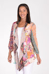 Lolo Luxe Draped Front Patchwork Jacket in Latte. Open drape front jacket with patchwork construction. 3/4 sleeve with elastic cuff. Longer in front. Relaxed fit._t_34340673355976