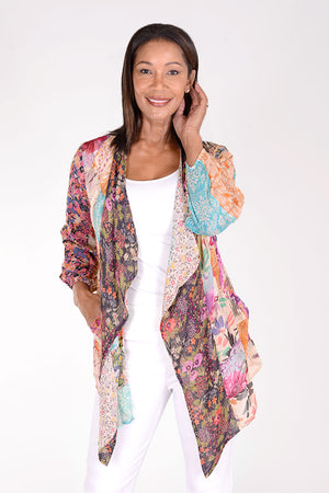 Lolo Luxe Draped Front Patchwork Jacket in Latte. Open drape front jacket with patchwork construction. 3/4 sleeve with elastic cuff. Longer in front. Relaxed fit._34340673192136