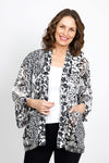Lolo Luxe Boxy Patchwork Jacket in Black/White.  Open kimono jacket with mixed patchwork of floral and geometric.  2 front patch pockets.  Boxy shape. Relaxed fit._t_35432817590472