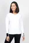 Metric Colorblock Sweater in White with Black color block detail. Crew neck long sleeve sweater with color block inset at cuff. Black colorblock at back hem._t_34962529616072