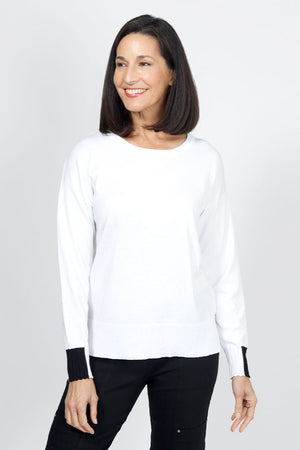 Metric Colorblock Sweater in White with Black color block detail. Crew neck long sleeve sweater with color block inset at cuff. Black colorblock at back hem._34962529616072