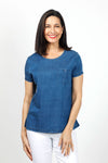 Lolo Luxe Button Pocket Top in Denim.  Tencel crew neck with short sleeves.  Single breast pocket with pleat and button detail.  Top stitch finishing at neck, hem and cuff.  Relaxed fit._t_35035041497288