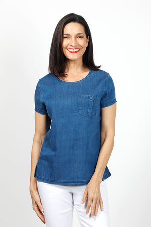 Lolo Luxe Button Pocket Top in Denim.  Tencel crew neck with short sleeves.  Single breast pocket with pleat and button detail.  Top stitch finishing at neck, hem and cuff.  Relaxed fit._35035041497288