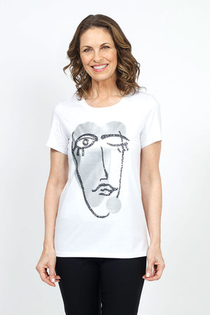 Lolo Luxe Sequin Face Tee in White.  Foil and sequin abstract face graphic on front.  Classic fit._34922891280584