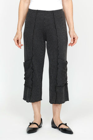 Top Ligne Ribbed Seam Pocket Crop in Charcoal.  Vertical ribbed textured fabric.  Pull on pant with elastic waist and seam detail down center of leg.  Decorative large pouch pocket on side leg.  Sewn rippled edges.  21 1/2" inseam._61385368174958