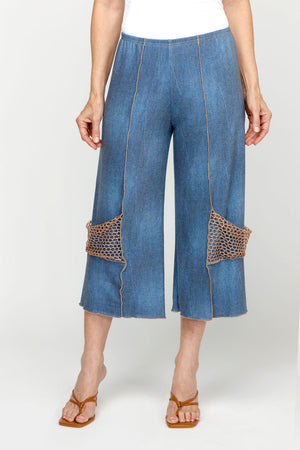 Top Ligne Jean Terry Seamed Crop in Denim.  Lightly distressed denim look with elastic waist.  Raised center leg seams with contrast stitching.  Gold mesh decorative pocket at side lower leg.  25 1/2" inseam._60951646470510