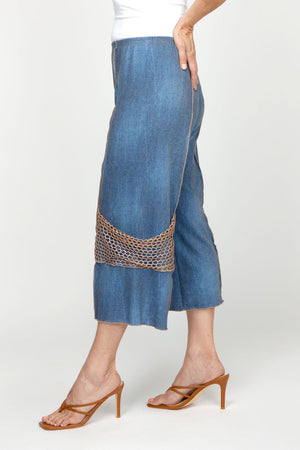 Top Ligne Jean Terry Seamed Crop in Denim.  Lightly distressed denim look with elastic waist.  Raised center leg seams with contrast stitching.  Gold mesh decorative pocket at side lower leg.  25 1/2" inseam._60951646634350