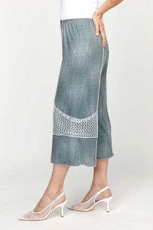 Top Ligne Jean Terry Seamed Crop in Pewter.  Lightly distressed denim look with elastic waist.  Raised center leg seams with contrast stitching.  Silver mesh decorative pocket at side lower leg.  25 1/2" inseam._60951646601582