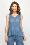 Top Ligne Jean Terry Tank in Denim.  Soft terry tank with distressed denim look.  Scoop neck sleeveless with center raised seam top stitched in gold.  Gold top stitching at neck and armhole and hem.  A line shape.  Relaxed fit._t_60954245136750