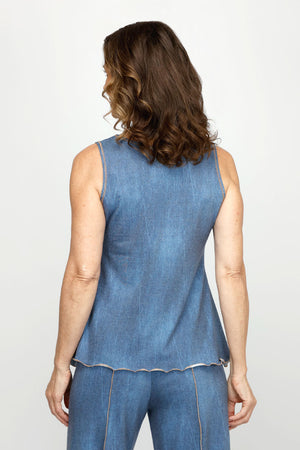 Top Ligne Jean Terry Tank in Denim.  Soft terry tank with distressed denim look.  Scoop neck sleeveless with center raised seam top stitched in gold.  Gold top stitching at neck and armhole and hem.  A line shape.  Relaxed fit._60954245169518