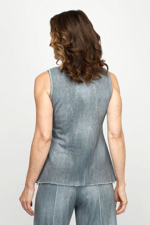 Top Ligne Jean Terry Tank in Pewter.  Soft terry tank with distressed denim look.  Scoop neck sleeveless with center raised seam top stitched in silver.  Silver top stitching at neck and armhole and hem.  A line shape.  Relaxed fit._60954245103982