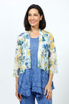 Top Ligne Mesh Floral Cardigan.  Blue, yellow and green floral print on a white background.  Drape front cropped cardigan with 3/4 flutter sleeve.  Sewn edges.  Relaxed fit._t_35195386462408