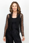 Top Ligne Mesh Dot Shrug in Black.  Mesh short open cardigan with long sleeves.  Draped neckline.  Solid black dots on black mesh.  Relaxed fit._t_61385566847342