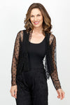Top Ligne Mesh Dot Shrug in Black.  Mesh short open cardigan with long sleeves.  Draped neckline.  Solid black dots on black mesh.  Relaxed fit._t_61385566880110