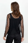 Top Ligne Mesh Dot Shrug in Black.  Mesh short open cardigan with long sleeves.  Draped neckline.  Solid black dots on black mesh.  Relaxed fit._t_61385566912878