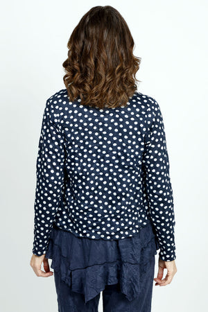 Top Ligne Polka Dot Seam Shrug in Navy.  Crinkle fabric open front shrug.  Long sleeves.  Sewn edges.  High low hem.  Relaxed fit._52871689372014