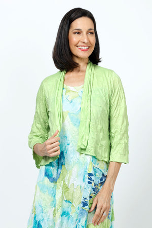 Top Ligne Crinkle Crop Cardigan in Lime.  Lightly textured crop open front cardigan with draped neckline.  3/4 length draped sleeve.  Relaxed fit._35195415953608