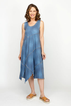 Top Ligne Jean French Terry Seam Pocket Dress in Denim. Faded denim print on french terry. Scoop neck sleeveless dress with asymmetric front raised seams. Asymmetrical split hem. . Sewn edges. Relaxed fit._60954672202094