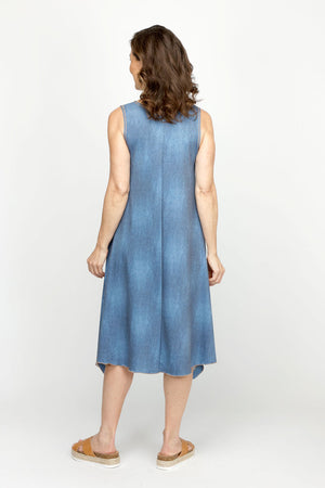 Top Ligne Jean French Terry Seam Pocket Dress in Denim. Faded denim print on french terry. Scoop neck sleeveless dress with asymmetric front raised seams. Asymmetrical split hem. . Sewn edges. Relaxed fit._60954672234862