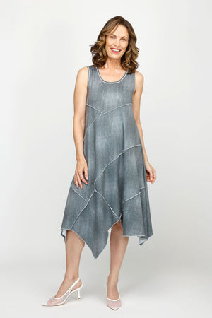 Top Ligne Jean French Terry Seam Pocket Dress in Pewter. Faded denim print on french terry. Scoop neck sleeveless dress with asymmetric front raised seams. Asymmetrical split hem. . Sewn edges. Relaxed fit._60954672267630