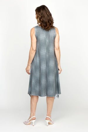 Top Ligne Jean French Terry Seam Pocket Dress in Pewter. Faded denim print on french terry. Scoop neck sleeveless dress with asymmetric front raised seams. Asymmetrical split hem. . Sewn edges. Relaxed fit._60954672169326
