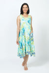 Top Ligne Crinkle Layered Florals Tank Dress in Aqua. Aqua, lime, blue and white abstract large floral print with floral print accents. Scoop neck 3/4 sleeve dress with diagonal front seaming in large floral print. Small floral print inset at hem. Small floral print pocket. A line shape. Relaxed fit._t_35194787070152