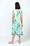 Top Ligne Crinkle Layered Florals Tank Dress in Aqua. Aqua, lime, blue and white abstract large floral print with floral print accents. Scoop neck 3/4 sleeve dress with diagonal front seaming in large floral print. Small floral print inset at hem. Small floral print pocket. A line shape. Relaxed fit._t_35194786971848