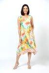Top Ligne Crinkle Layered Florals Tank Dress in Mango.  Orange, green yellow and white abstract large floral print with floral print accents.  Scoop neck 3/4 sleeve dress with diagonal front seaming in large floral print.  Small floral print inset at hem.  Small floral print pocket.  A line shape.  Relaxed fit._t_35194787004616
