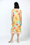 Top Ligne Crinkle Layered Florals Tank Dress in Mango. Orange, green yellow and white abstract large floral print with floral print accents. Scoop neck 3/4 sleeve dress with diagonal front seaming in large floral print. Small floral print inset at hem. Small floral print pocket. A line shape. Relaxed fit._t_35194787037384