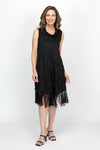 Top Ligne Cowl Mesh Crinkle Dress in Black.  Cowl neck crinkle with black mesh and black dot flounce at hem.  Sleeveless with center front seam.  Relaxed fit._t_61393668243822